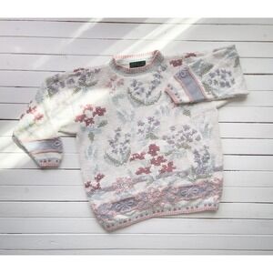 vtg Cullinane cottagecore white pastel floral chunky hand knit‎ sweater